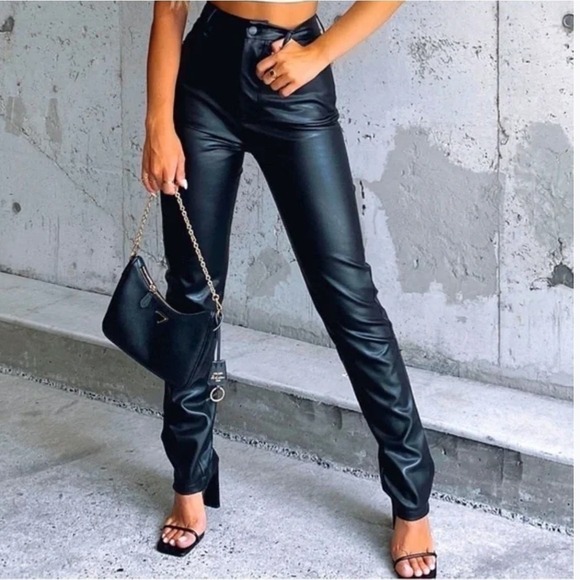 White Fox Pants - White‎ Fox Pants Womens Medium Black Faux Leather High Waisted Chic